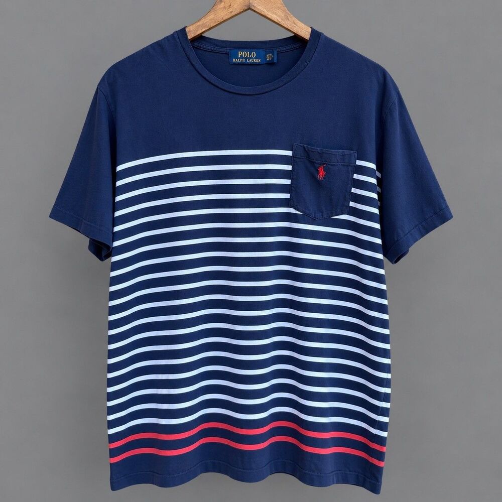 Polo Ralph Lauren Shirt Mens 2XB Navy Blue White Striped Pocket Tee Red Pony Big